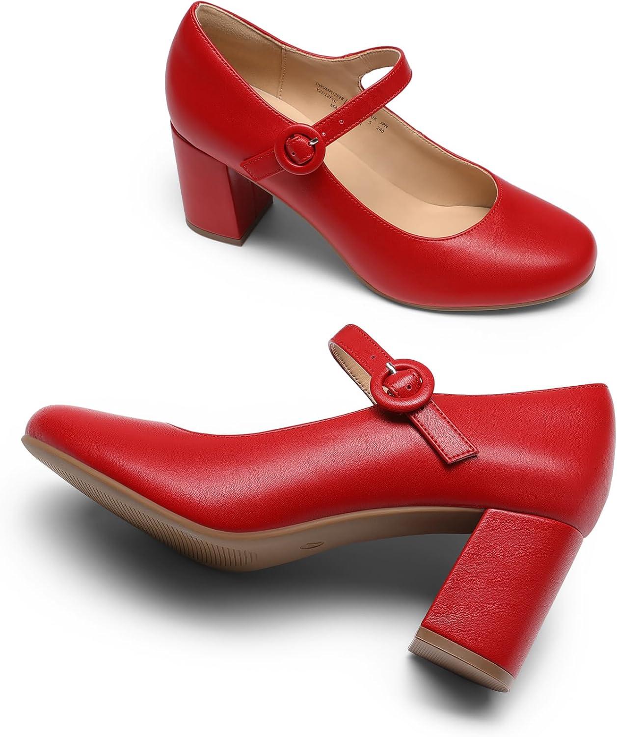 imageDREAM PAIRS Womens Mary Jane Shoes Chunky Heel 276 Inch Round Toe Vintage Office Work Pumps Comfortable Low Block Heels Dress Shoes for WomenRed
