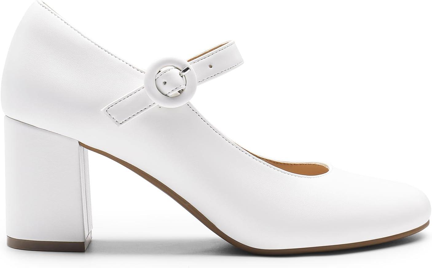 imageDREAM PAIRS Womens Mary Jane Shoes Chunky Heel 276 Inch Round Toe Vintage Office Work Pumps Comfortable Low Block Heels Dress Shoes for WomenWhite
