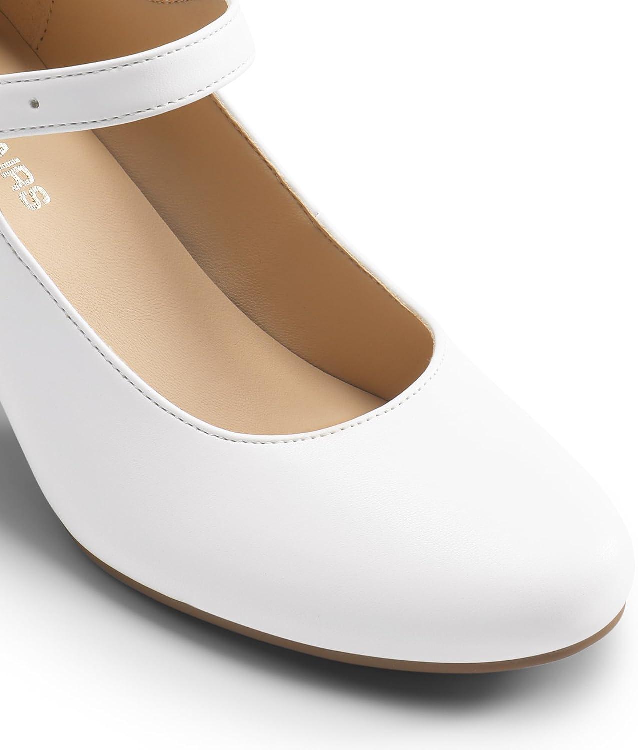 imageDREAM PAIRS Womens Mary Jane Shoes Chunky Heel 276 Inch Round Toe Vintage Office Work Pumps Comfortable Low Block Heels Dress Shoes for WomenWhite