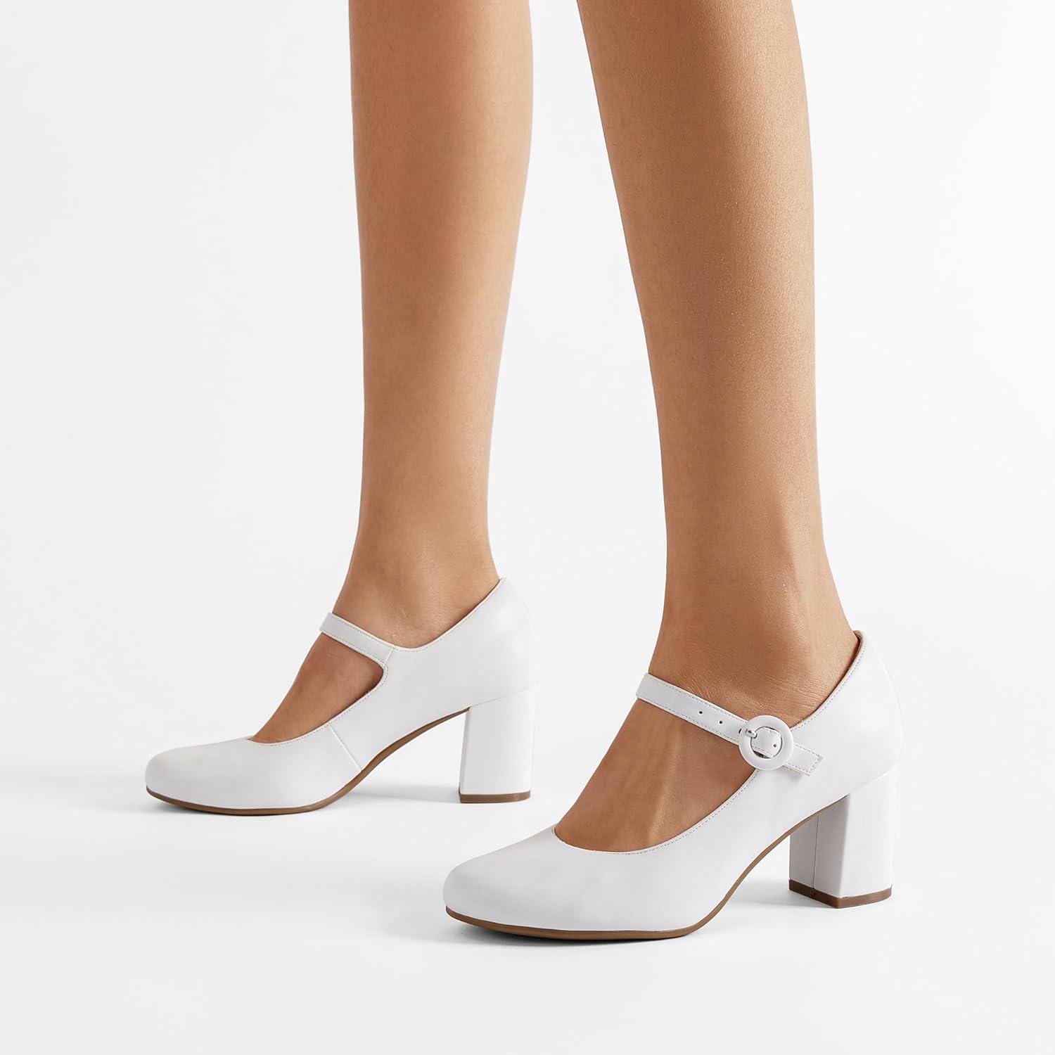 imageDREAM PAIRS Womens Mary Jane Shoes Chunky Heel 276 Inch Round Toe Vintage Office Work Pumps Comfortable Low Block Heels Dress Shoes for WomenWhite