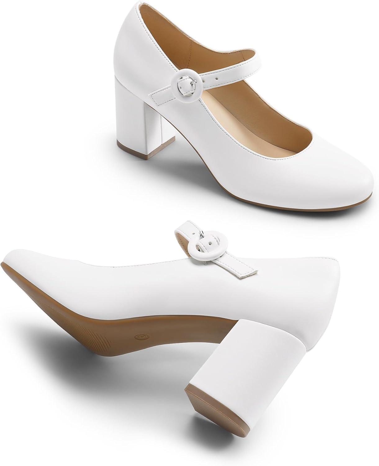 imageDREAM PAIRS Womens Mary Jane Shoes Chunky Heel 276 Inch Round Toe Vintage Office Work Pumps Comfortable Low Block Heels Dress Shoes for WomenWhite