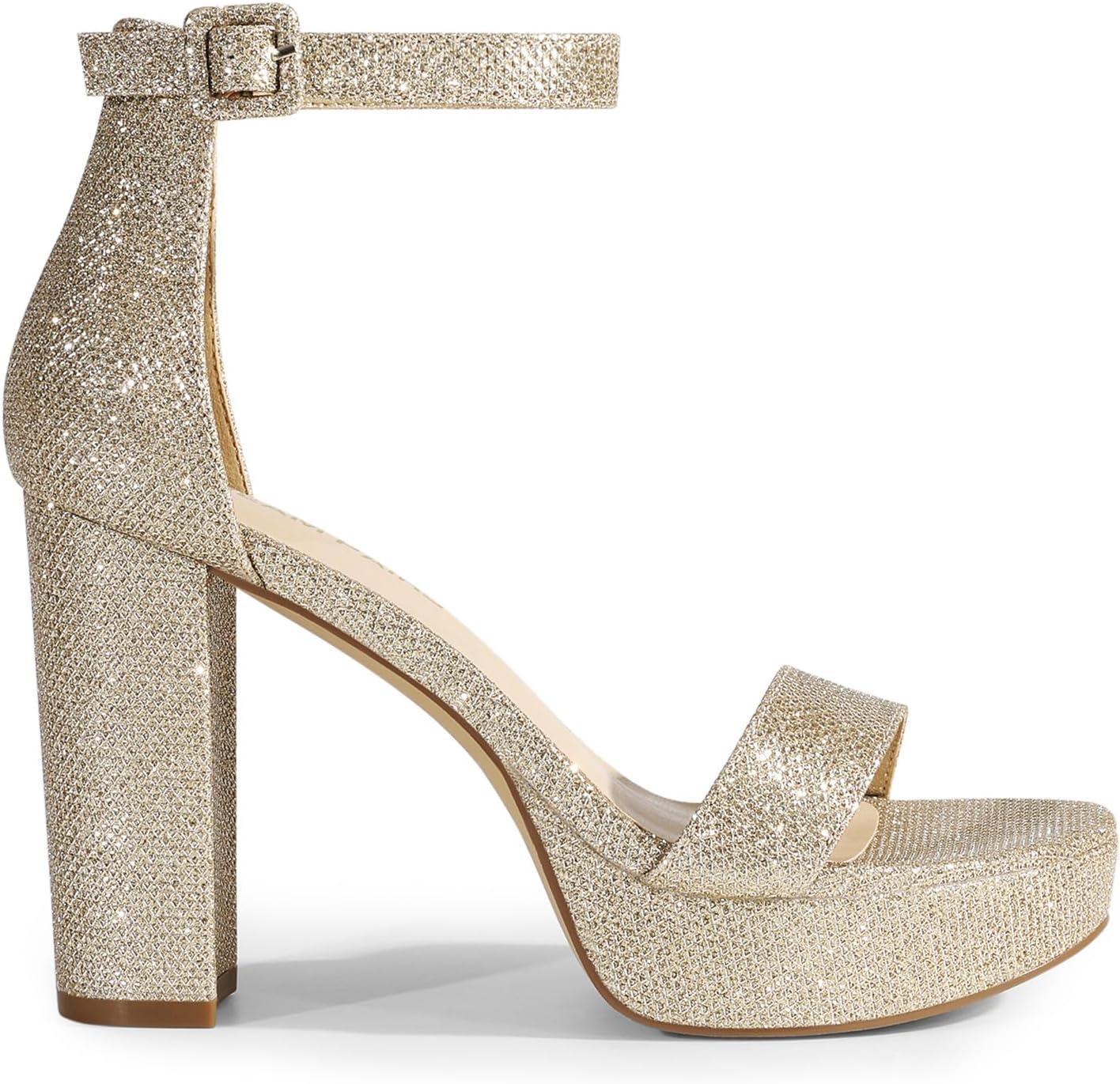 imageDREAM PAIRS Womens Platform Chunky High Heeled Sandals Open Toe Block Heels Ankle Strap Dress Shoes for Wedding Party EveningGoldglitter