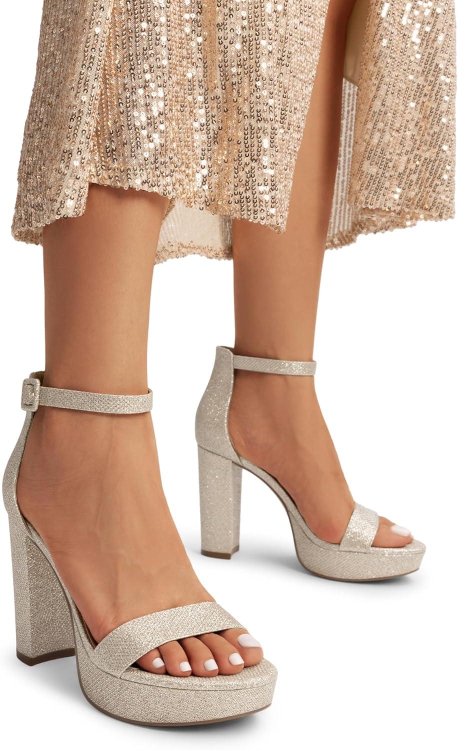 imageDREAM PAIRS Womens Platform Chunky High Heeled Sandals Open Toe Block Heels Ankle Strap Dress Shoes for Wedding Party EveningGoldglitter