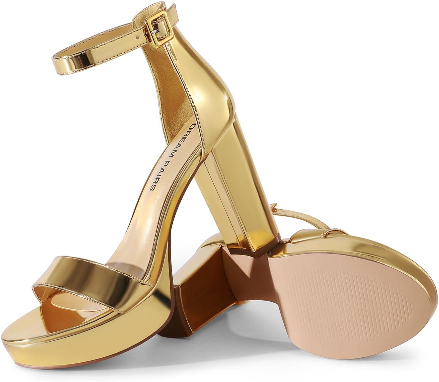 imageDREAM PAIRS Womens Platform Chunky High Heeled Sandals Open Toe Block Heels Ankle Strap Dress Shoes for Wedding Party EveningGoldpat