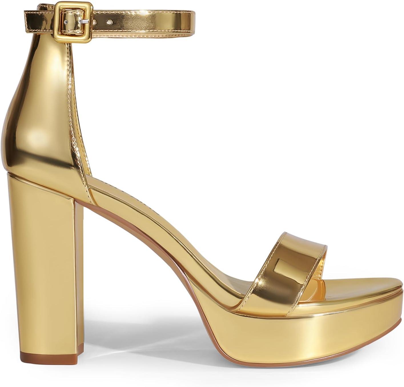 imageDREAM PAIRS Womens Platform Chunky High Heeled Sandals Open Toe Block Heels Ankle Strap Dress Shoes for Wedding Party EveningGoldpat