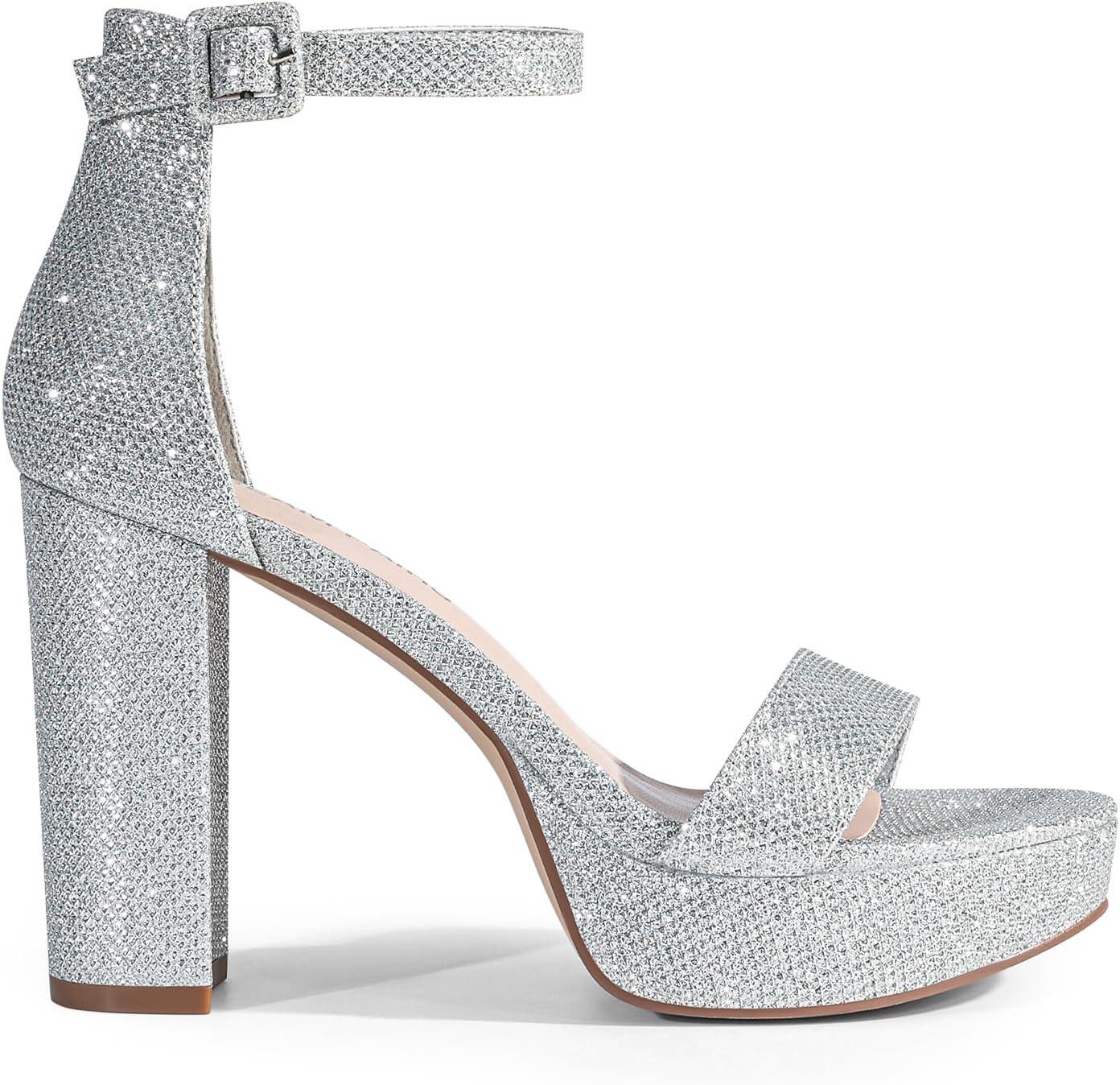 imageDREAM PAIRS Womens Platform Chunky High Heeled Sandals Open Toe Block Heels Ankle Strap Dress Shoes for Wedding Party EveningSilverglitter