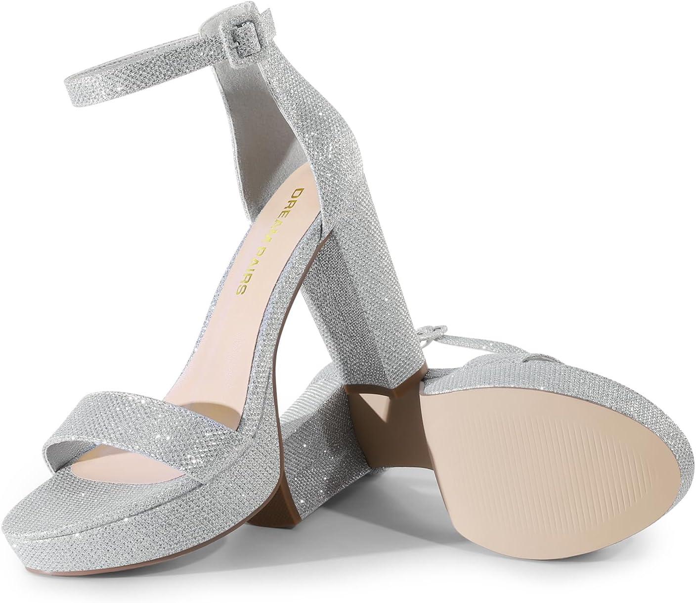 imageDREAM PAIRS Womens Platform Chunky High Heeled Sandals Open Toe Block Heels Ankle Strap Dress Shoes for Wedding Party EveningSilverglitter