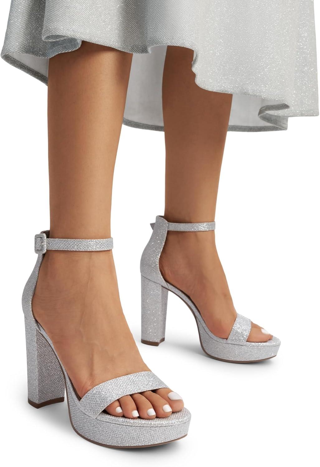 imageDREAM PAIRS Womens Platform Chunky High Heeled Sandals Open Toe Block Heels Ankle Strap Dress Shoes for Wedding Party EveningSilverglitter