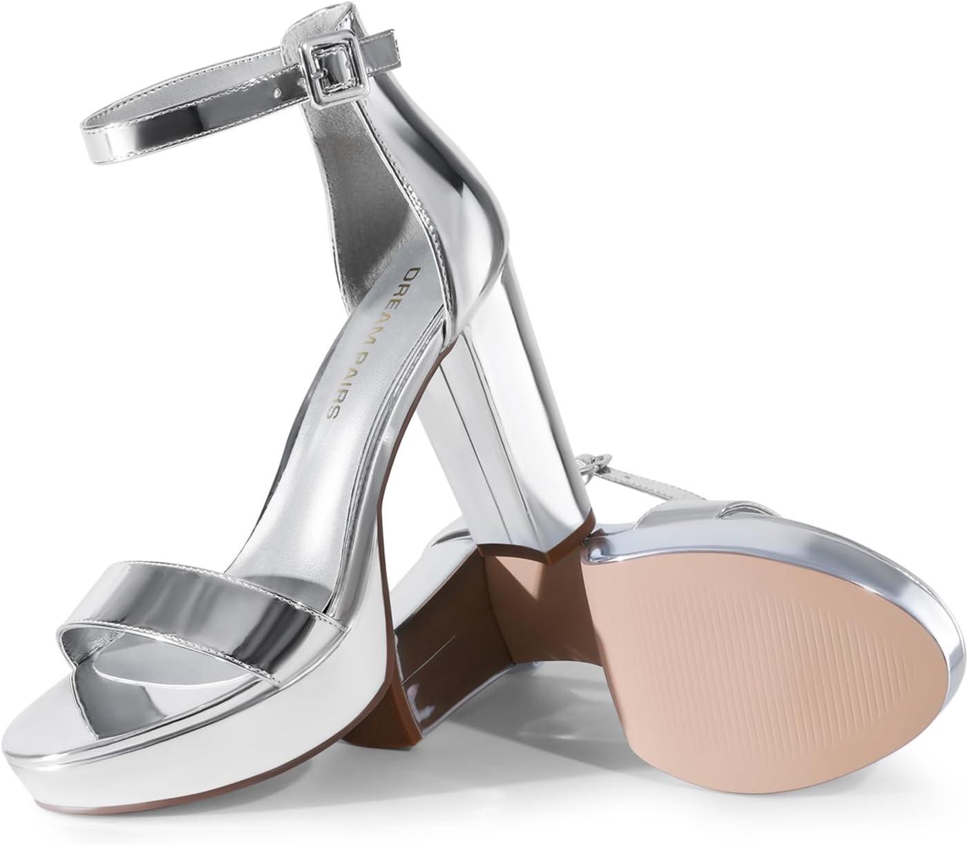 imageDREAM PAIRS Womens Platform Chunky High Heeled Sandals Open Toe Block Heels Ankle Strap Dress Shoes for Wedding Party EveningSilverpat
