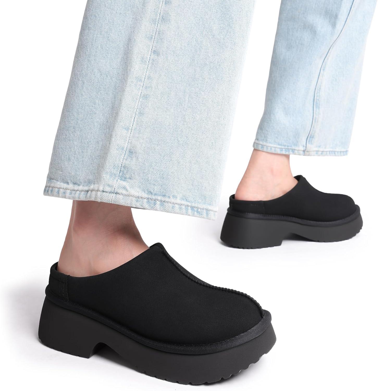 imageDREAM PAIRS Womens Platform Mules Faux Suede Slip on Memory Foam NonSlip Lightweight Closed Toe Clogs Slippers ShoesBlack