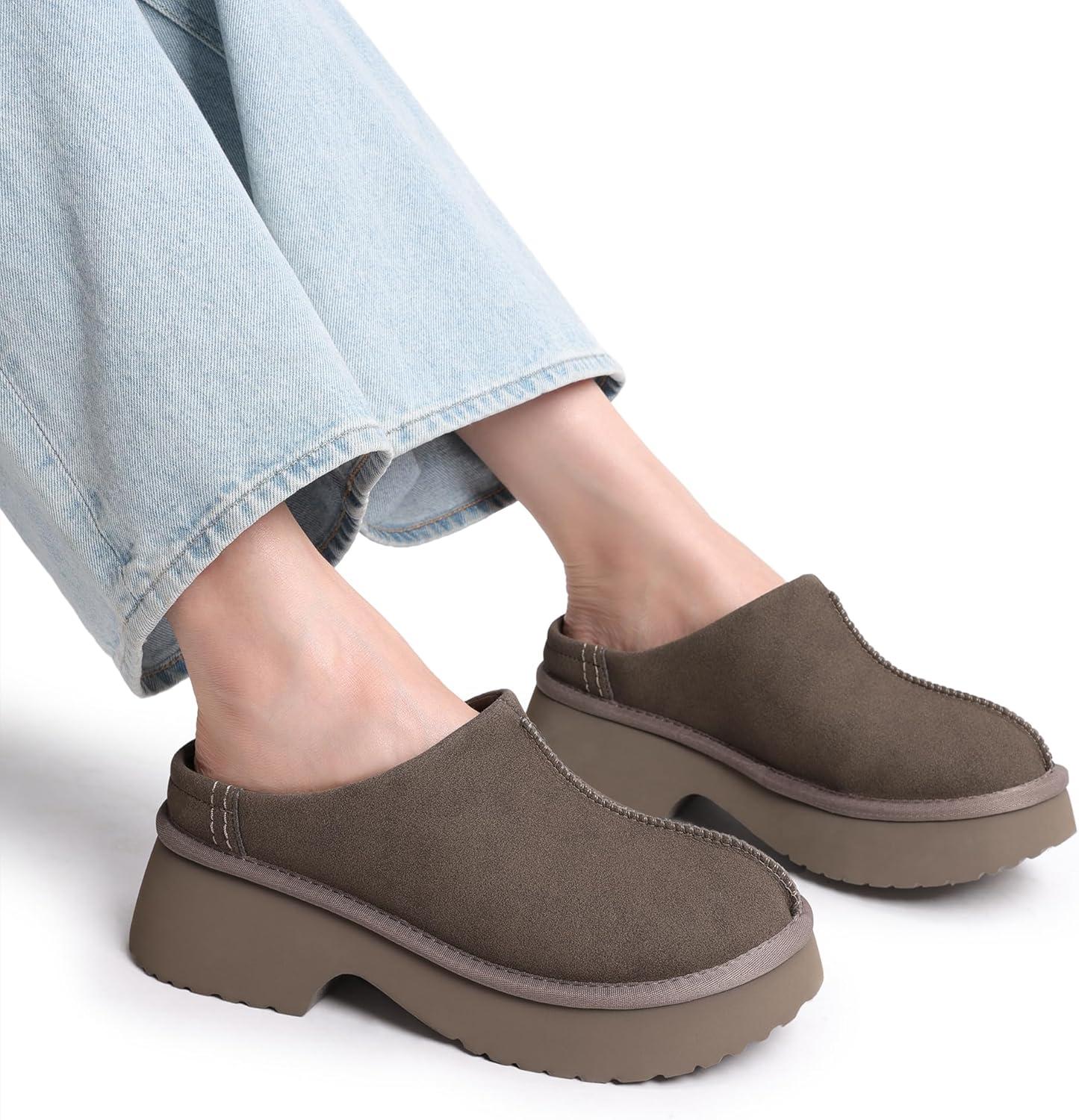 imageDREAM PAIRS Womens Platform Mules Faux Suede Slip on Memory Foam NonSlip Lightweight Closed Toe Clogs Slippers ShoesTaupe