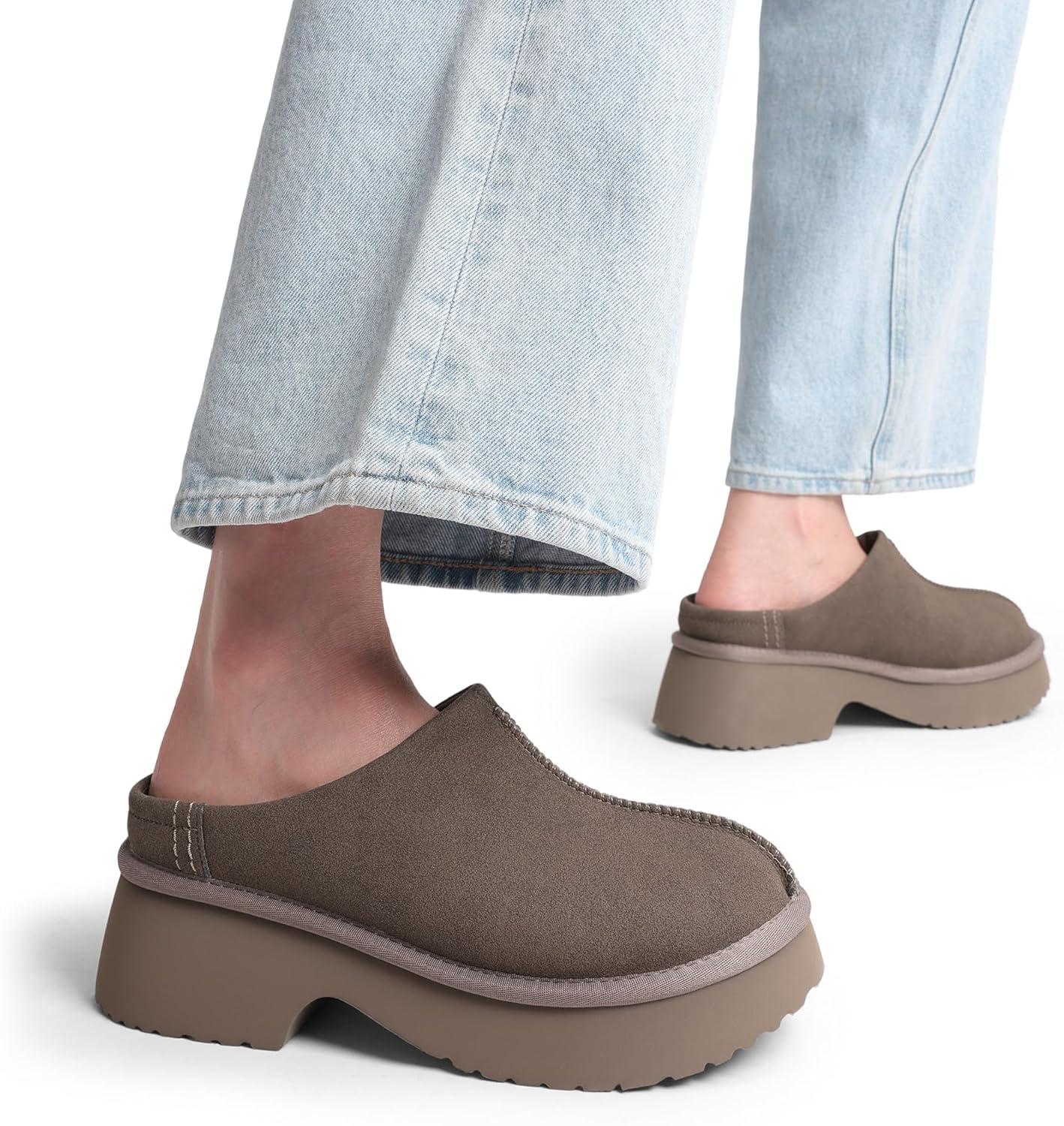 imageDREAM PAIRS Womens Platform Mules Faux Suede Slip on Memory Foam NonSlip Lightweight Closed Toe Clogs Slippers ShoesTaupe