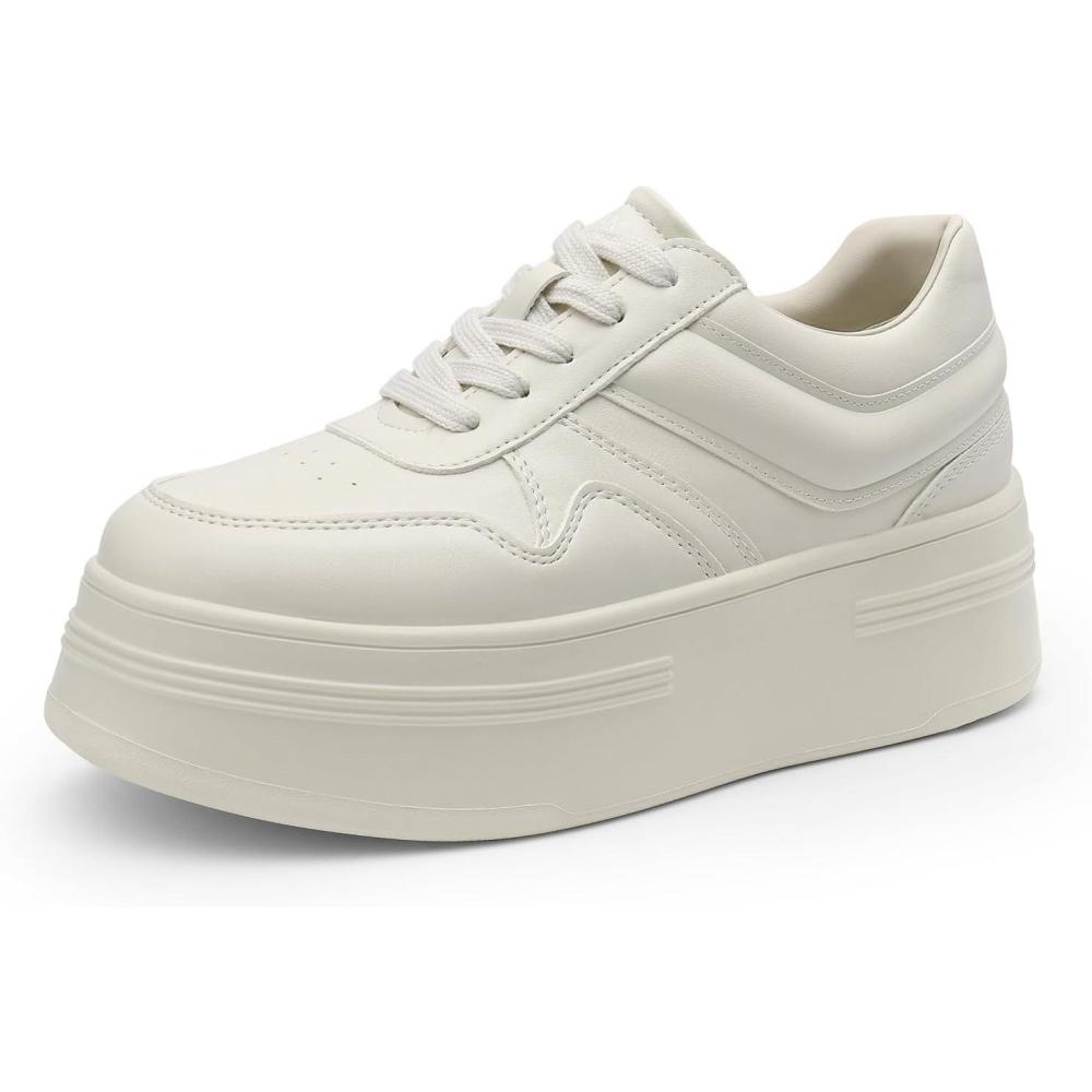 imageDREAM PAIRS Women Platform High Heel Fashion Sneakers Walking Lace Up Lightweight Stylish Classic Casual SneakerBeige
