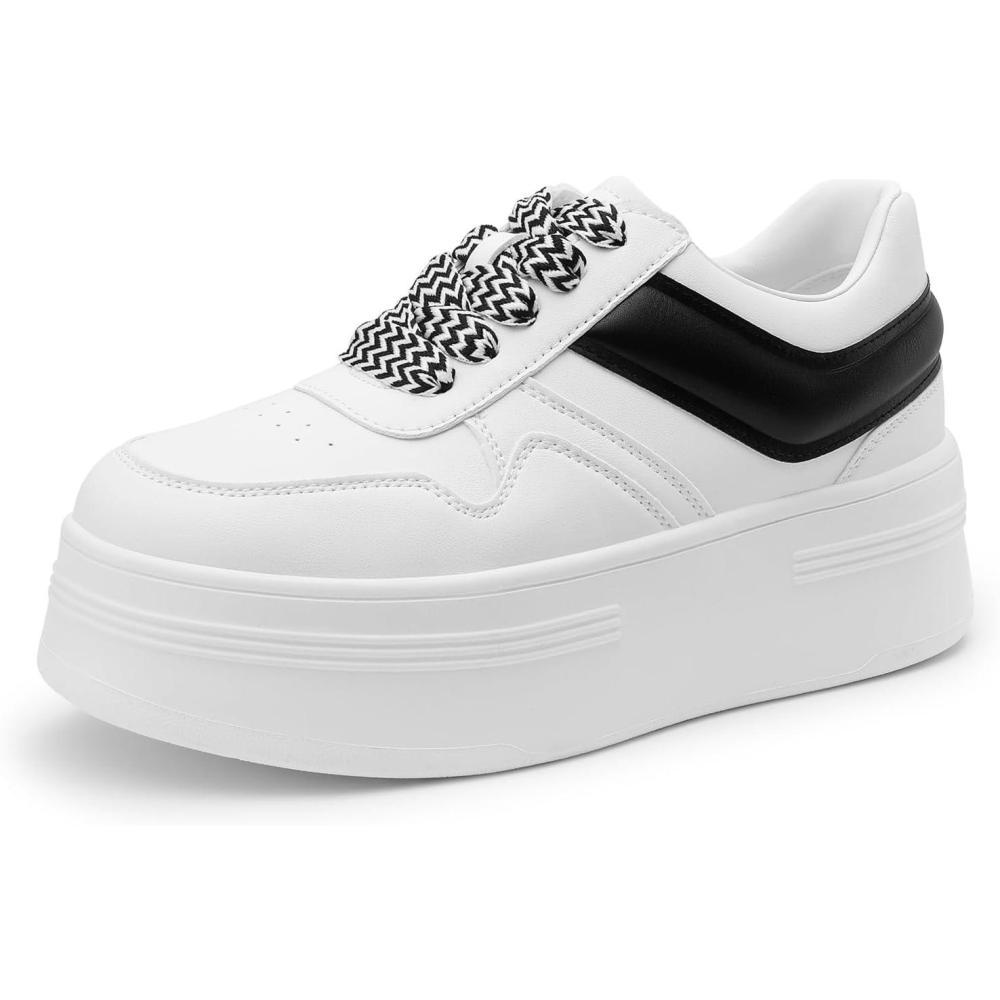 imageDREAM PAIRS Women Platform High Heel Fashion Sneakers Walking Lace Up Lightweight Stylish Classic Casual SneakerWhiteBlack