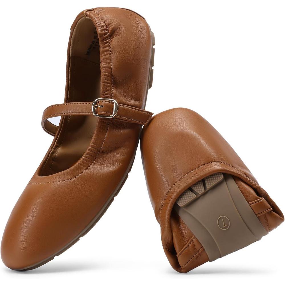 imageDREAM PAIRS Womens Ballet Flats Foldable Square Toe Mary Jane Flats Comfortable Slip On Dress Shoes Business Casual Work Mary Jane ShoesBrown