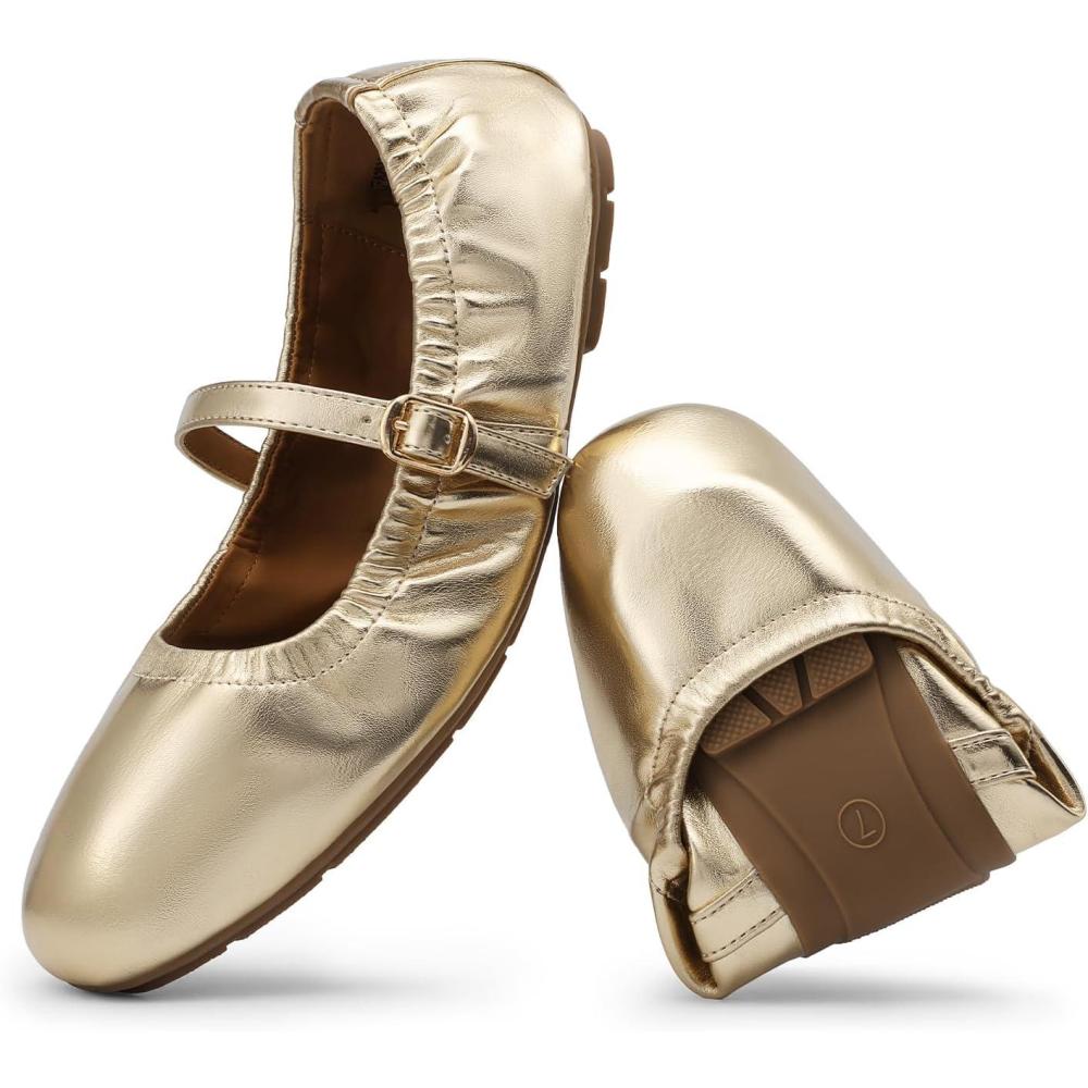 imageDREAM PAIRS Womens Ballet Flats Foldable Square Toe Mary Jane Flats Comfortable Slip On Dress Shoes Business Casual Work Mary Jane ShoesGold