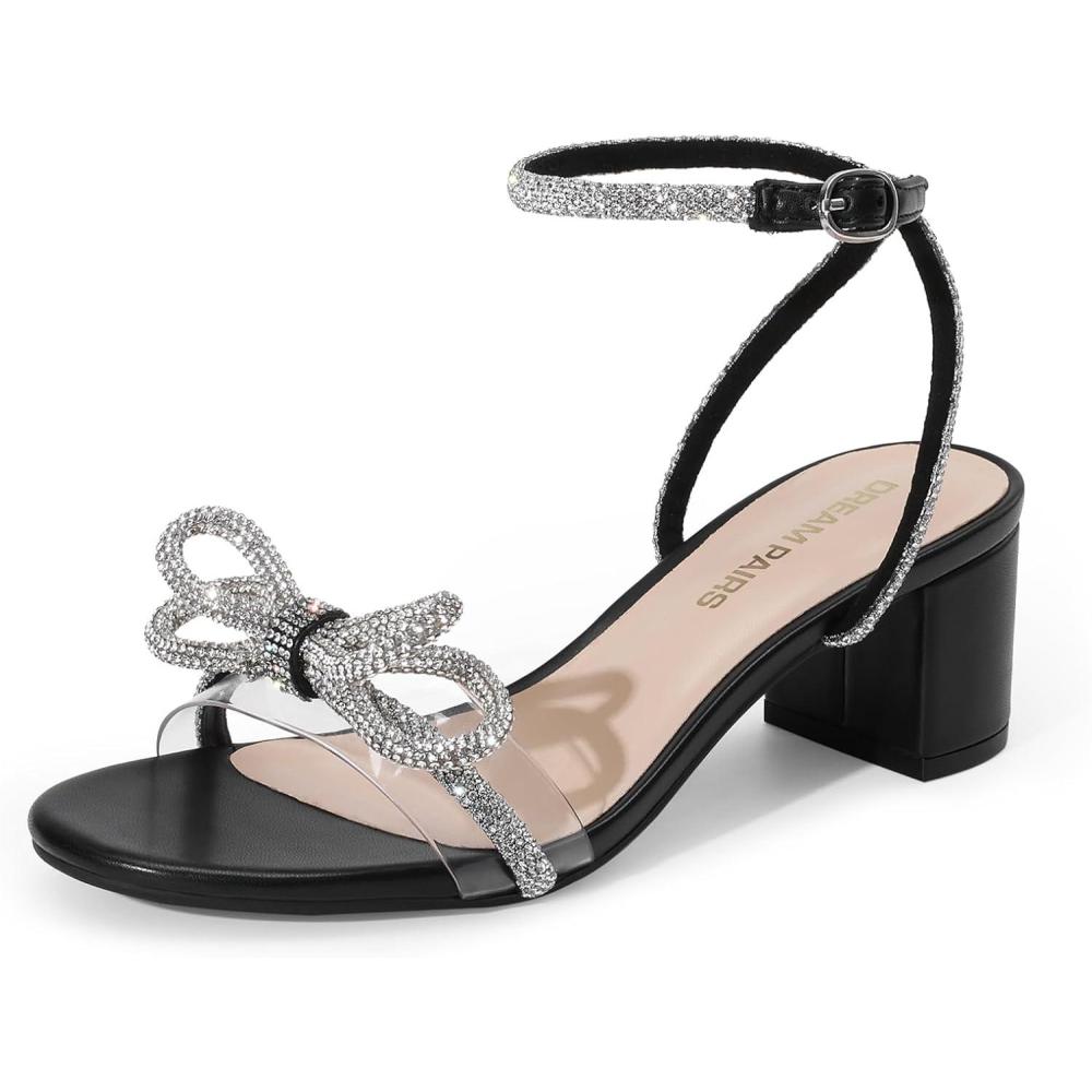 imageDREAM PAIRS Womens Double Bowknots Crystal Sandals Low Chunky Heels Clear Slingback Dress Shoes for Wedding Bridal PartyBlack