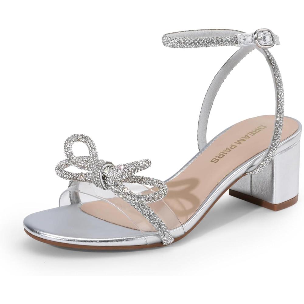 imageDREAM PAIRS Womens Double Bowknots Crystal Sandals Low Chunky Heels Clear Slingback Dress Shoes for Wedding Bridal PartySilver