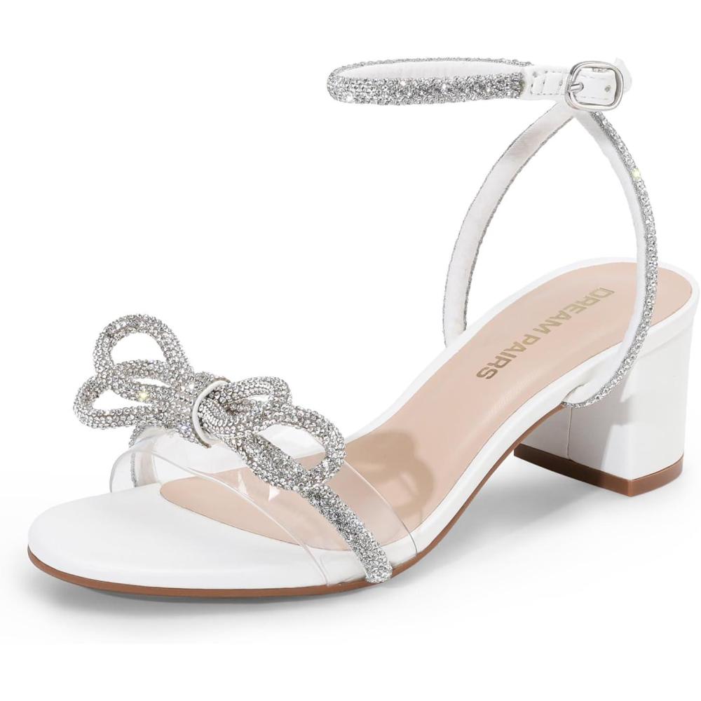 imageDREAM PAIRS Womens Double Bowknots Crystal Sandals Low Chunky Heels Clear Slingback Dress Shoes for Wedding Bridal PartyWhite