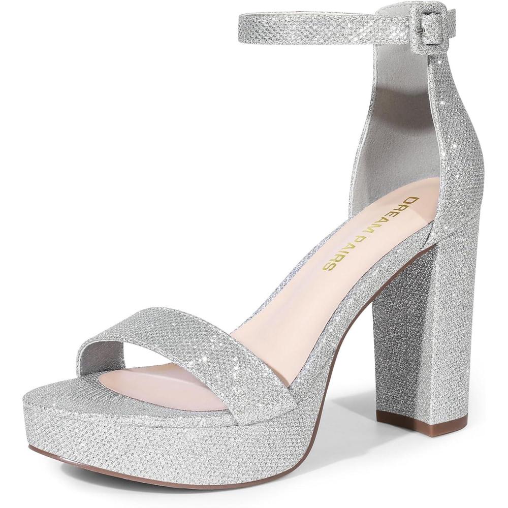 imageDREAM PAIRS Womens Platform Chunky High Heeled Sandals Open Toe Block Heels Ankle Strap Dress Shoes for Wedding Party EveningSilverglitter