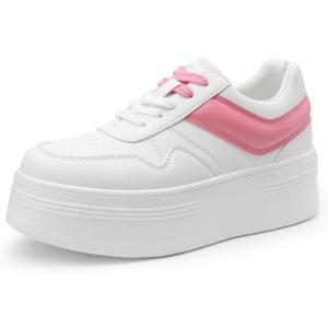 DREAM PAIRS Women Platform High Heel Fashion Sneakers Walking Lace Up Lightweight Stylish Classic Casual Sneaker.(White/Pink)