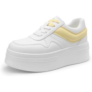 DREAM PAIRS Women Platform High Heel Fashion Sneakers Walking Lace Up Lightweight Stylish Classic Casual Sneaker.(White/Yellow)