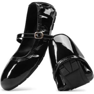 DREAM PAIRS Women’s Ballet Flats Foldable Square Toe Mary Jane Flats Comfortable Slip On Dress Shoes Business Casual Work Mary Jane Shoes(Black-pat)