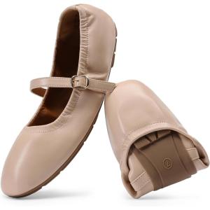 DREAM PAIRS Women’s Ballet Flats Foldable Square Toe Mary Jane Flats Comfortable Slip On Dress Shoes Business Casual Work Mary Jane Shoes(Nude)