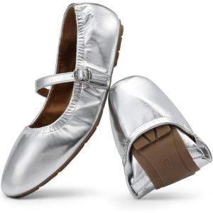 DREAM PAIRS Women’s Ballet Flats Foldable Square Toe Mary Jane Flats Comfortable Slip On Dress Shoes Business Casual Work Mary Jane Shoes(Silver)