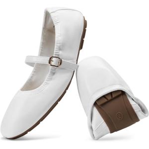 DREAM PAIRS Women’s Ballet Flats Foldable Square Toe Mary Jane Flats Comfortable Slip On Dress Shoes Business Casual Work Mary Jane Shoes(White)