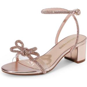 DREAM PAIRS Women’s Double Bowknots Crystal Sandals Low Chunky Heels Clear Slingback Dress Shoes for Wedding Bridal Party(Champagne)