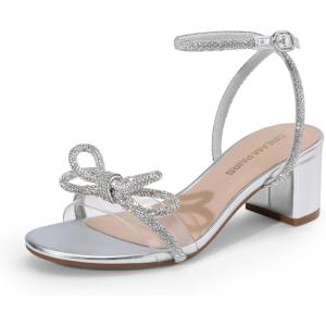 DREAM PAIRS Women’s Double Bowknots Crystal Sandals Low Chunky Heels Clear Slingback Dress Shoes for Wedding Bridal Party(Silver)