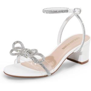 DREAM PAIRS Women’s Double Bowknots Crystal Sandals Low Chunky Heels Clear Slingback Dress Shoes for Wedding Bridal Party(White)