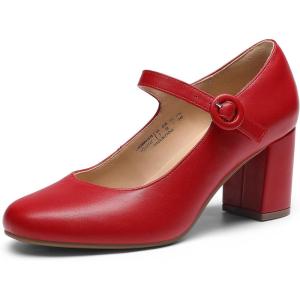 DREAM PAIRS Womens Mary Jane Shoes Chunky Heel 2.76 Inch – Round Toe Vintage Office Work Pumps – Comfortable Low Block Heels Dress Shoes for Women(Red)