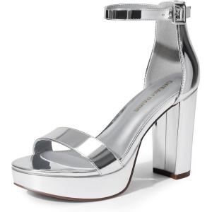 DREAM PAIRS Women’s Platform Chunky High Heeled Sandals Open Toe Block Heels Ankle Strap Dress Shoes for Wedding Party Evening(Silver-pat)