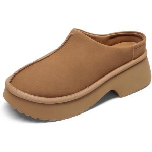 DREAM PAIRS Women’s Platform Mules Faux Suede Slip on Memory Foam Non-Slip Lightweight Closed Toe Clogs Slippers Shoes(Chestnut)