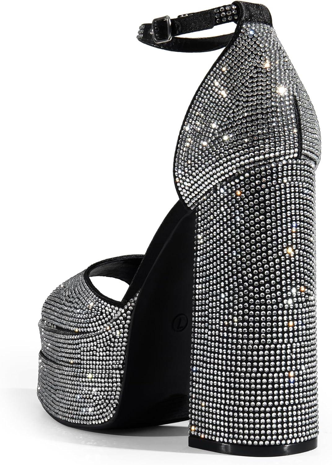 imageDREAM PAIRS High Heels Chunky Block Platform Heels for Women Ankle Strap Sexy Open Square Toe Heels Dressy Pumps SandalsBlackrhinestone