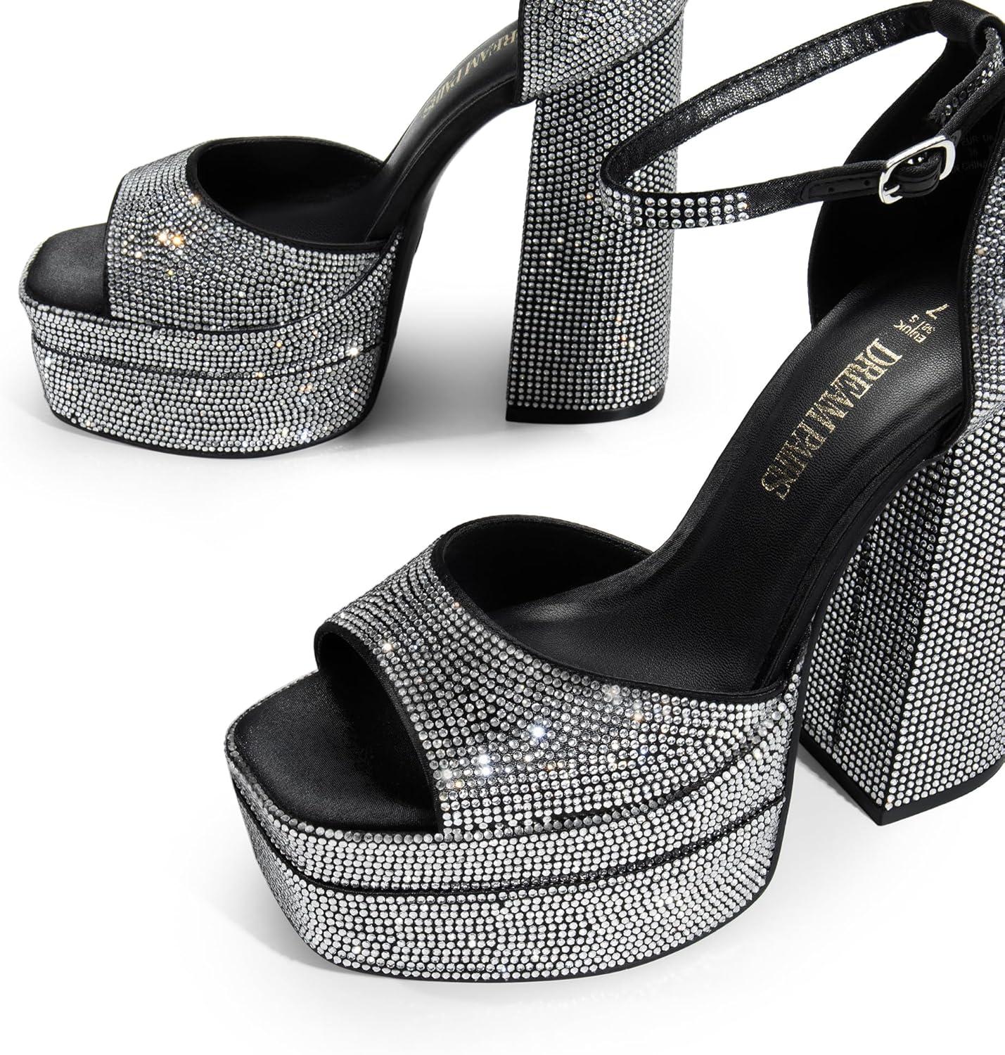 imageDREAM PAIRS High Heels Chunky Block Platform Heels for Women Ankle Strap Sexy Open Square Toe Heels Dressy Pumps SandalsBlackrhinestone