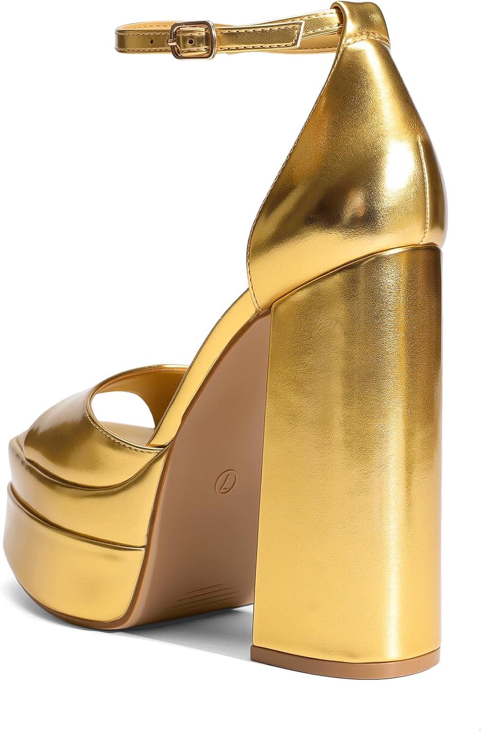 imageDREAM PAIRS High Heels Chunky Block Platform Heels for Women Ankle Strap Sexy Open Square Toe Heels Dressy Pumps SandalsGold