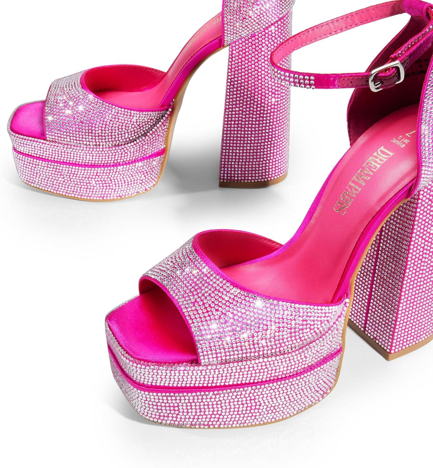 imageDREAM PAIRS High Heels Chunky Block Platform Heels for Women Ankle Strap Sexy Open Square Toe Heels Dressy Pumps SandalsHot Pinkrhinestone