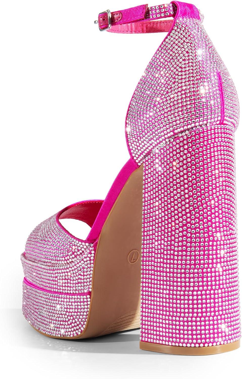 imageDREAM PAIRS High Heels Chunky Block Platform Heels for Women Ankle Strap Sexy Open Square Toe Heels Dressy Pumps SandalsHot Pinkrhinestone