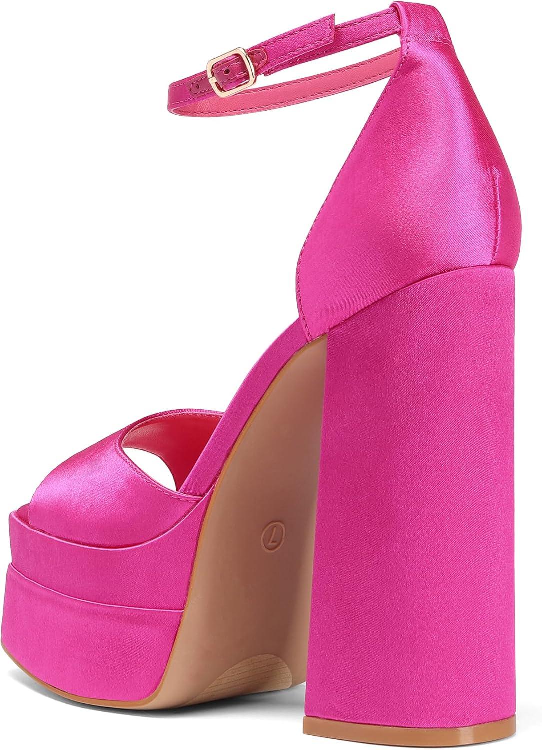 imageDREAM PAIRS High Heels Chunky Block Platform Heels for Women Ankle Strap Sexy Open Square Toe Heels Dressy Pumps SandalsHot Pinksatin