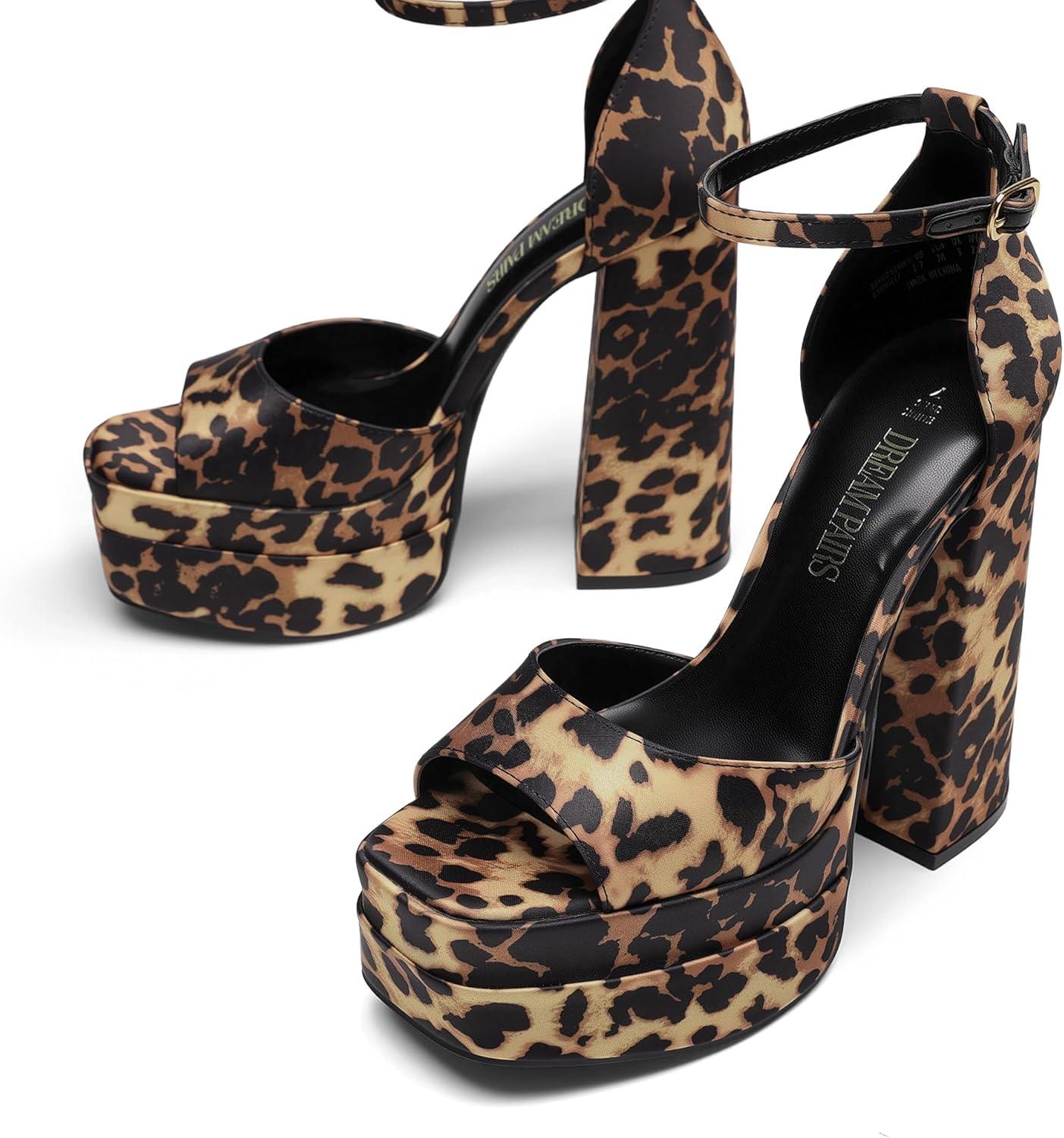 imageDREAM PAIRS High Heels Chunky Block Platform Heels for Women Ankle Strap Sexy Open Square Toe Heels Dressy Pumps SandalsLeopard