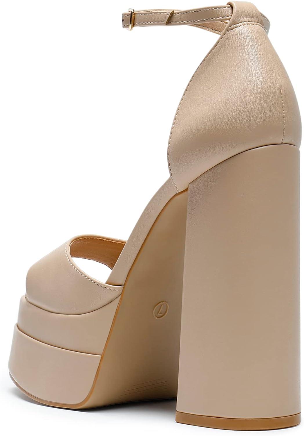 imageDREAM PAIRS High Heels Chunky Block Platform Heels for Women Ankle Strap Sexy Open Square Toe Heels Dressy Pumps SandalsNude