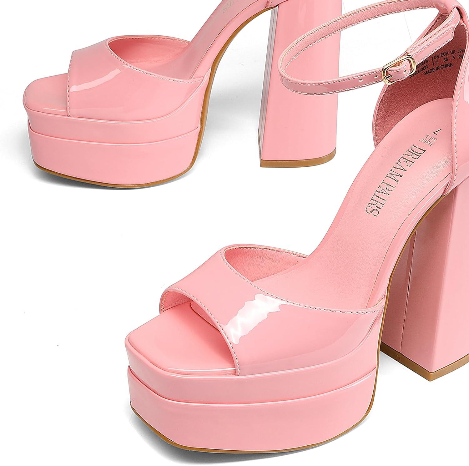 imageDREAM PAIRS High Heels Chunky Block Platform Heels for Women Ankle Strap Sexy Open Square Toe Heels Dressy Pumps SandalsPinkpat