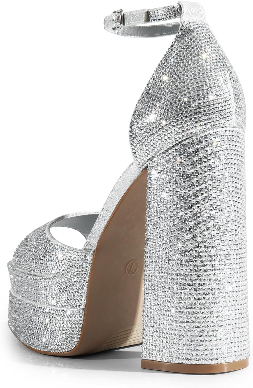 imageDREAM PAIRS High Heels Chunky Block Platform Heels for Women Ankle Strap Sexy Open Square Toe Heels Dressy Pumps SandalsSilverrhinestone