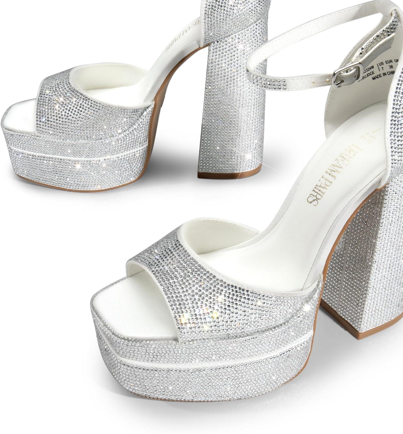 imageDREAM PAIRS High Heels Chunky Block Platform Heels for Women Ankle Strap Sexy Open Square Toe Heels Dressy Pumps SandalsWhiterhinestone
