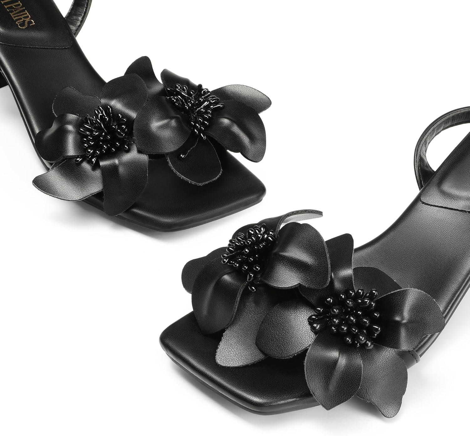 imageDREAM PAIRS Womens Flower Wedding Heels Cute Square Toe Slingback Low Kitten Heels Sandals with Ankle StrapBlackpu