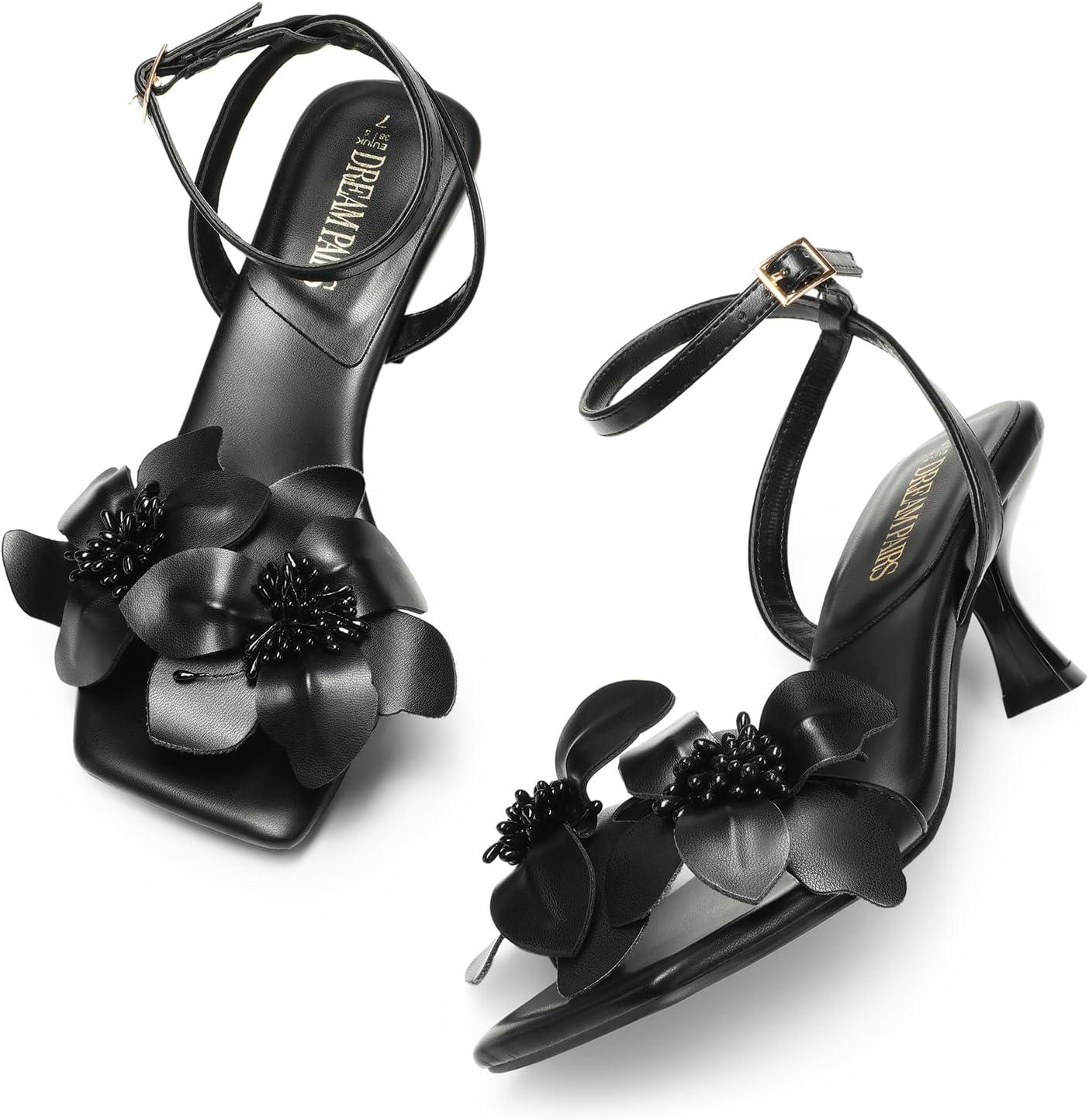 imageDREAM PAIRS Womens Flower Wedding Heels Cute Square Toe Slingback Low Kitten Heels Sandals with Ankle StrapBlackpu