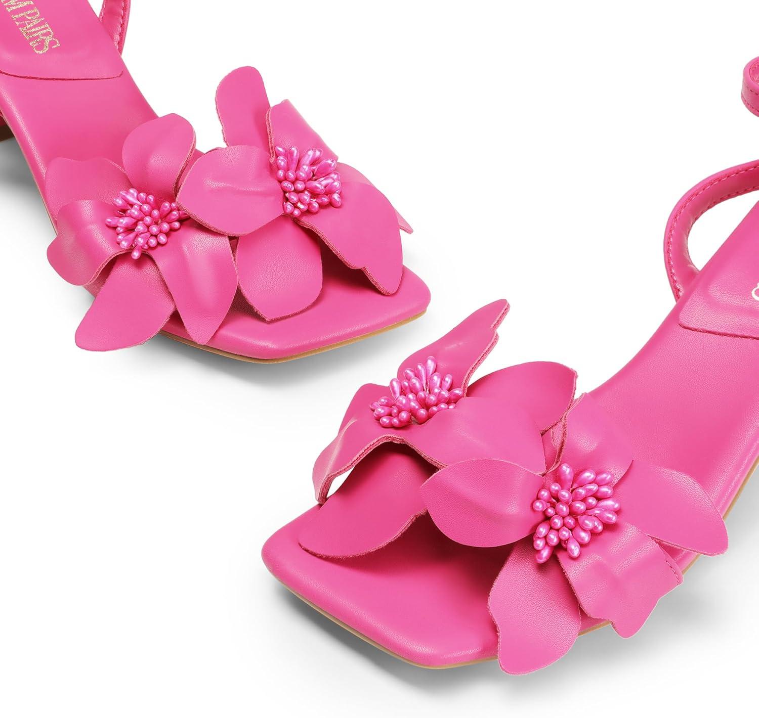 imageDREAM PAIRS Womens Flower Wedding Heels Cute Square Toe Slingback Low Kitten Heels Sandals with Ankle StrapHot Pinkpu